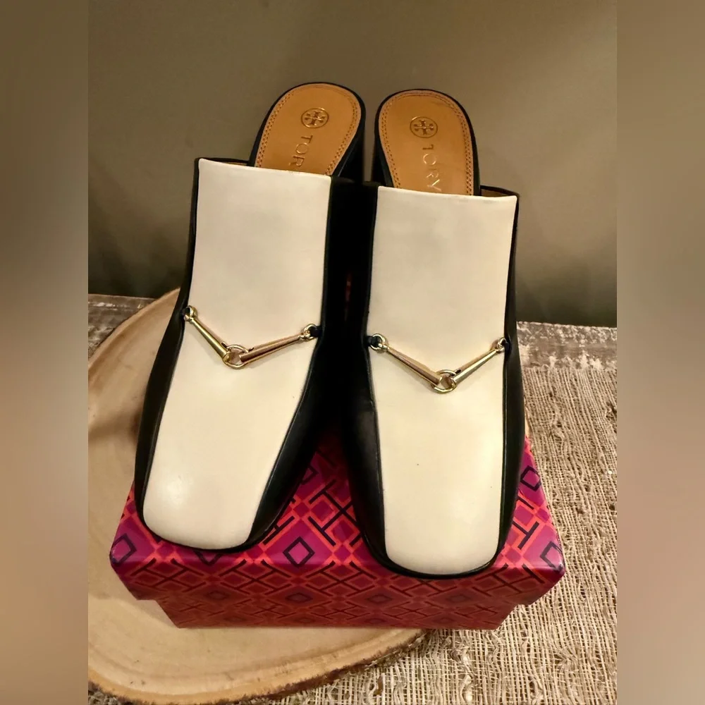 TORY BURCH EQUESTRIAN LINK MULE 80MM PUMP LEATHER BLACK/DULCE DE LECHE SZ US 8 - Picture 7 of 11